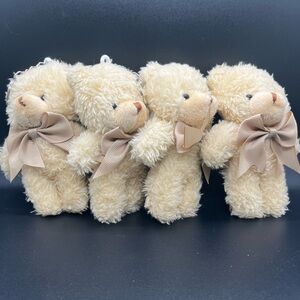 4 Tan Plush Teddy Bears with Bows keychains or purse charms